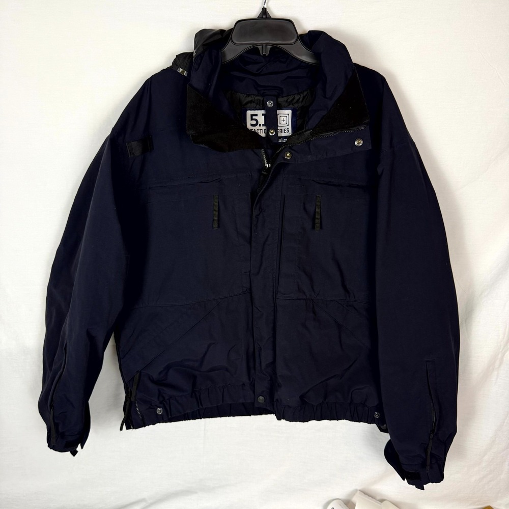 5.11 Tactical Series Jacket Men Large Navy Hooded Snap Inside Zip Utility Sporty